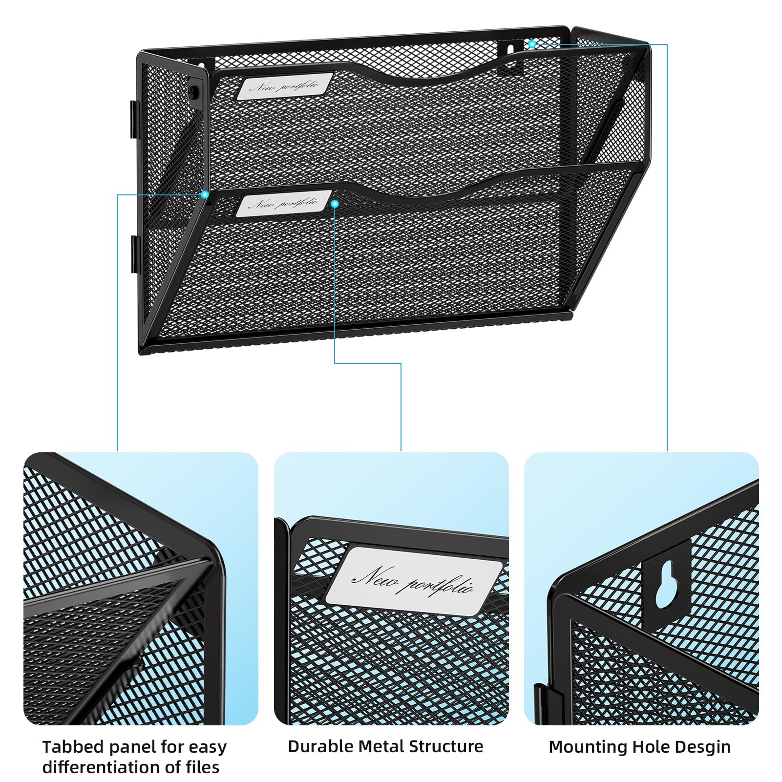 Marbrasse Wall File Holder 2-Tier Hanging Wall File Organizer, Mesh Mail Holder for Papers, Wall