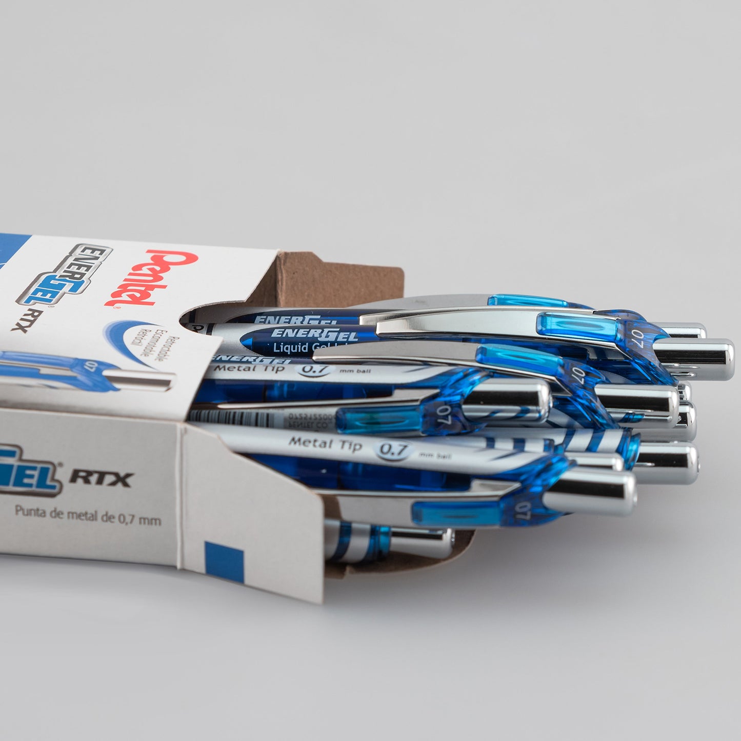 Pentel EnerGel RTX Gel Pens, 0.7 mm Metal Tip, Black/Silver Barrel, Blue Ink, Box of 12 (BL77-C)