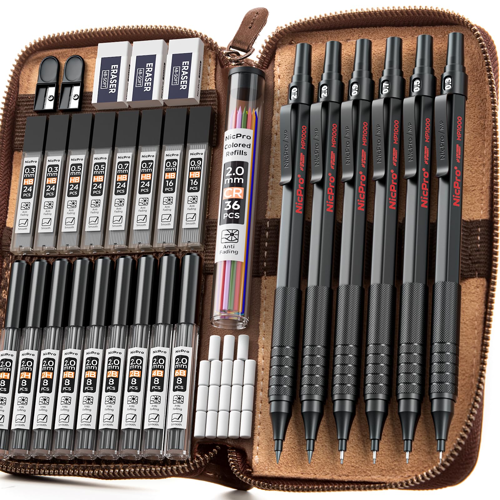 Nicpro 33PCS Black Metal Mechanical Pencil Set in Leather Case