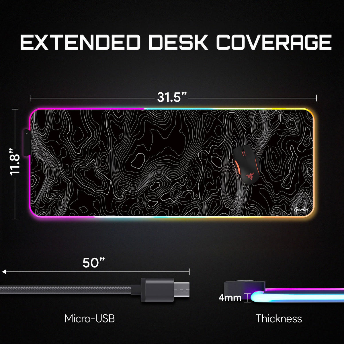 Gerlos RGB Gaming Mouse Pad, Large LED Desk Mat for Gamer, 31.5" x 11.8"