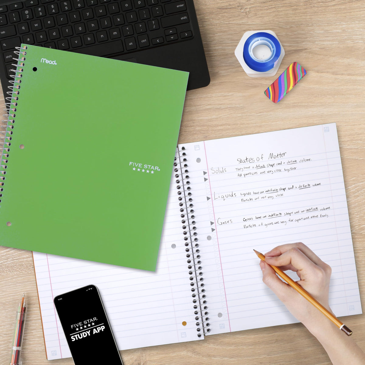 Five Star Spiral Notebook + Study App, 3 Subject, Wide Ruled Paper, 8" x 10-1/2", 150 Sheets