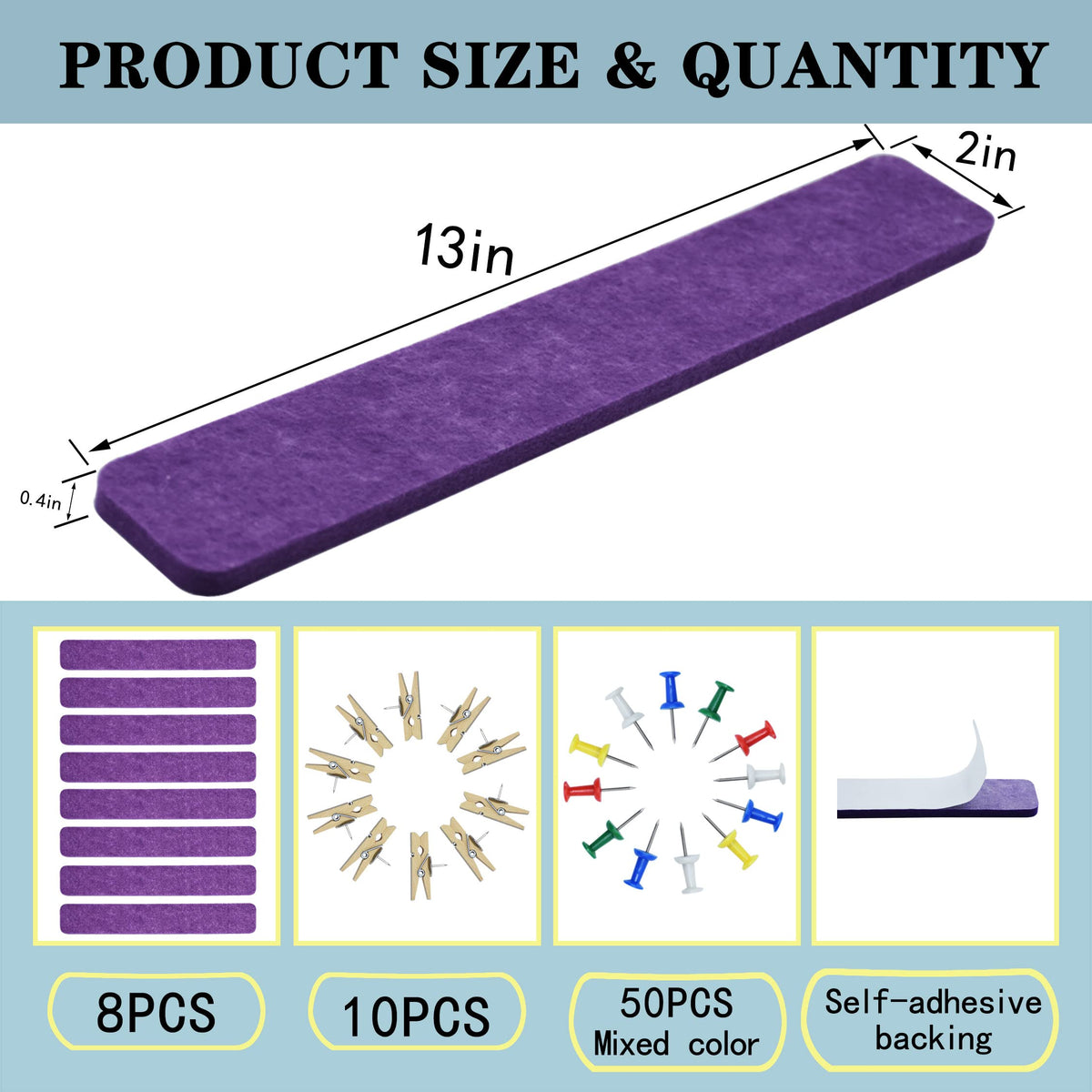 YOUDEFUL 8Pcs Bulletin Board Strips, Purple Felt Pin Board Bar Strips with 50 Pushpins