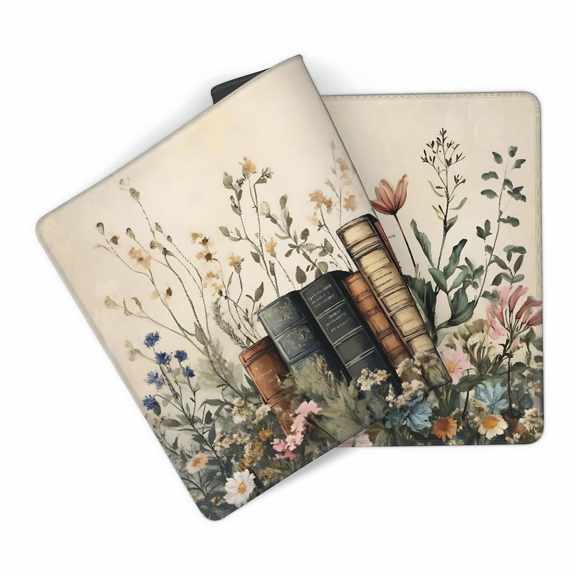 Floral Aesthetic Book Gaming Mouse Pad, Beige Vintage Botanical Desk Mat with Anti-Slip Base &