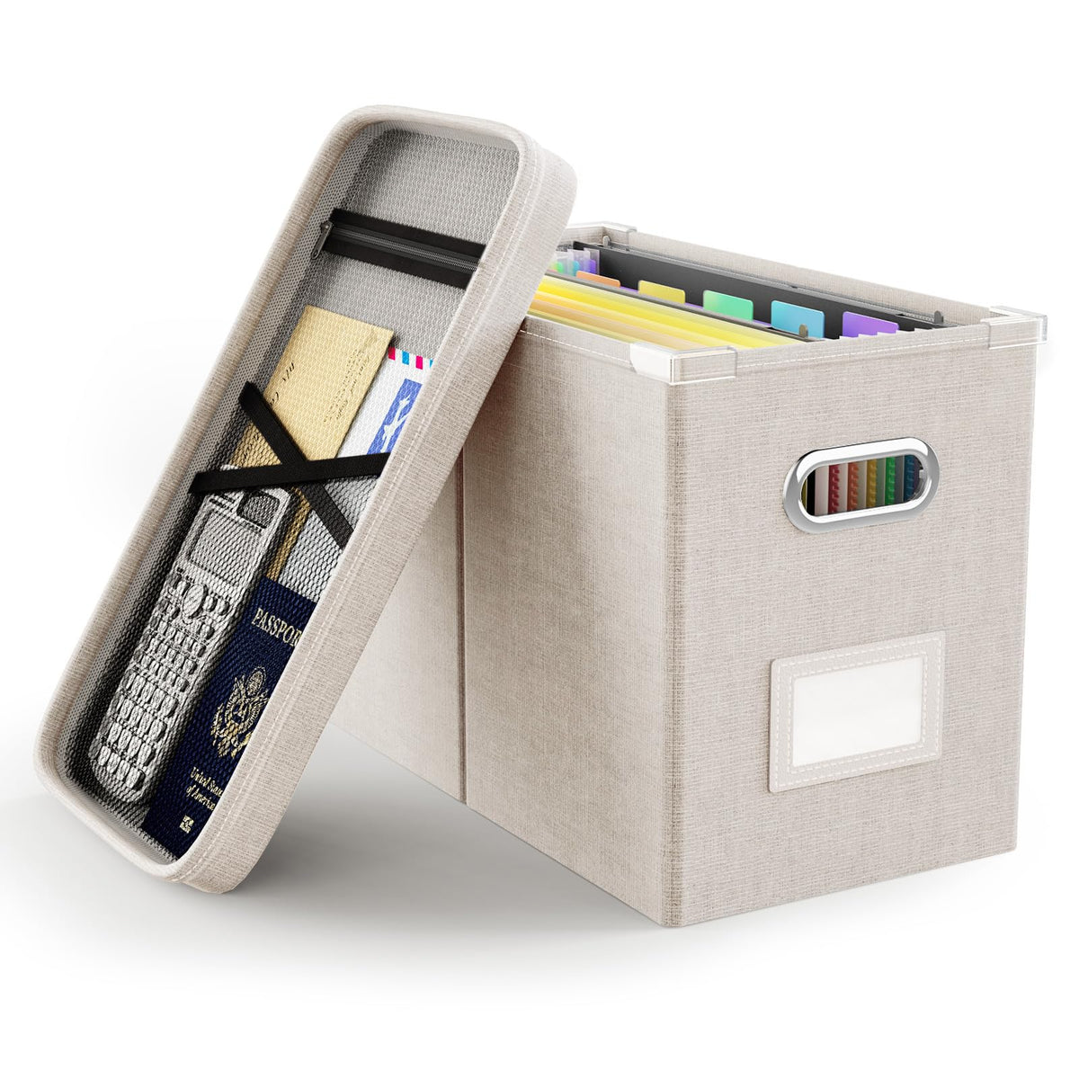 Oterri File Organizer Box with Lid, Hanging Filing File Box with Mesh Pocket, Document Organizer