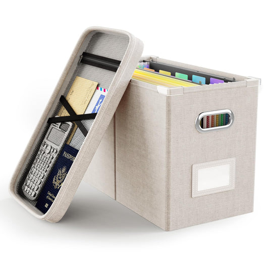 Oterri File Organizer Box with Lid, Hanging Filing File Box with Mesh Pocket, Document Organizer