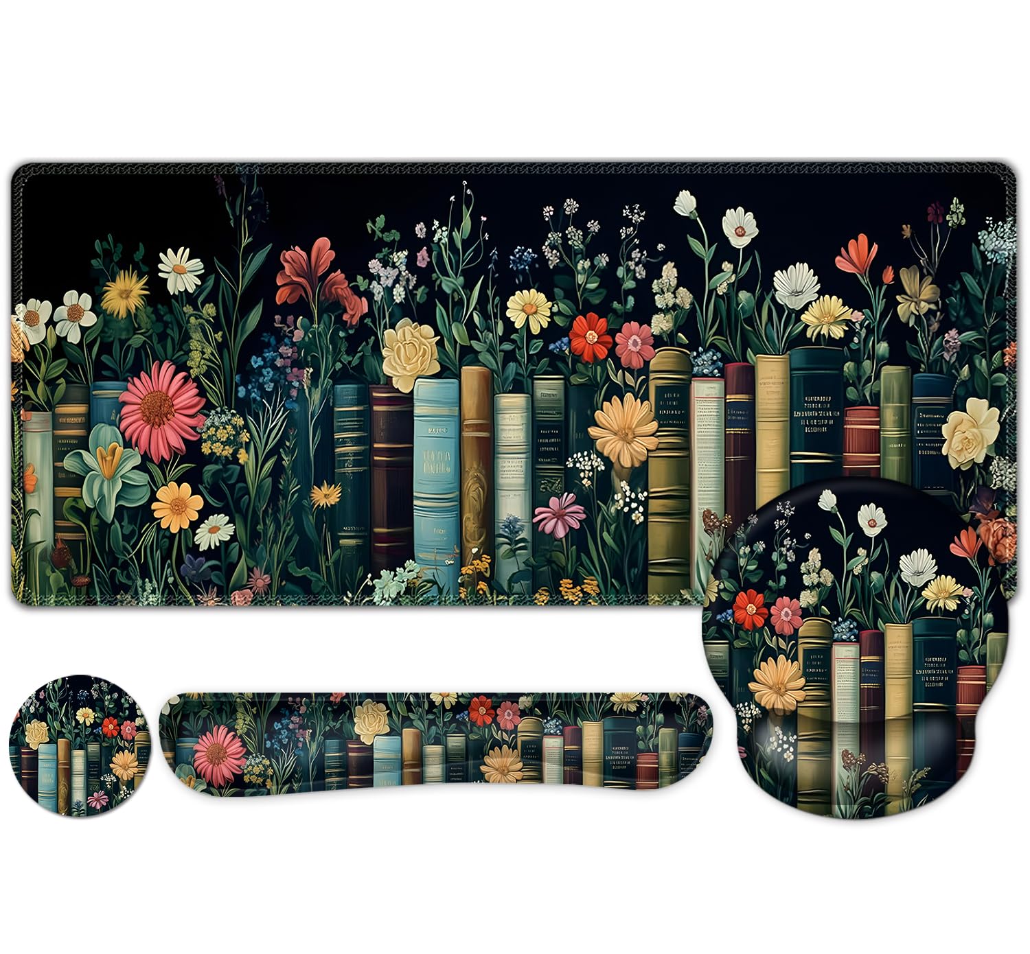 Wildflowers Mouse Pad, Large Desk Mat Extended Nature Botanical Aesthetic Deskpad, 4 PCS Non-Slip