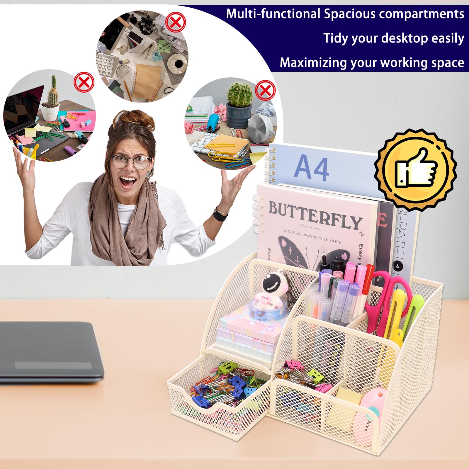 Boutilon Mesh Desk Organizer Desktop Office Supplies Stationary Organizer with 6 Compartments and 1