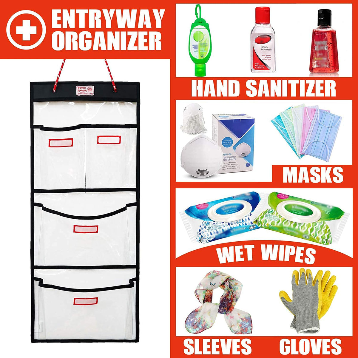 Rough Enough Locker Organizer, 4 Pockets Hanging for Gym Work Wall, Clear