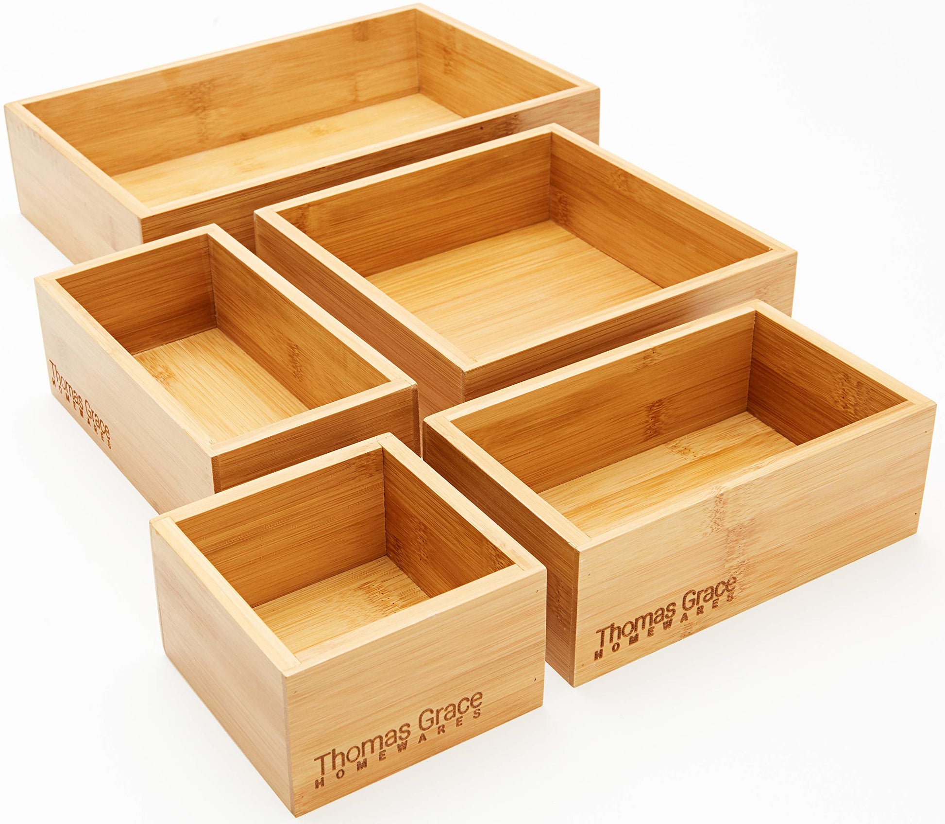 Bamboo Drawer Organizer and Storage Set, Multi-use Set of 5 Storage Trays, Wood Boxes of various