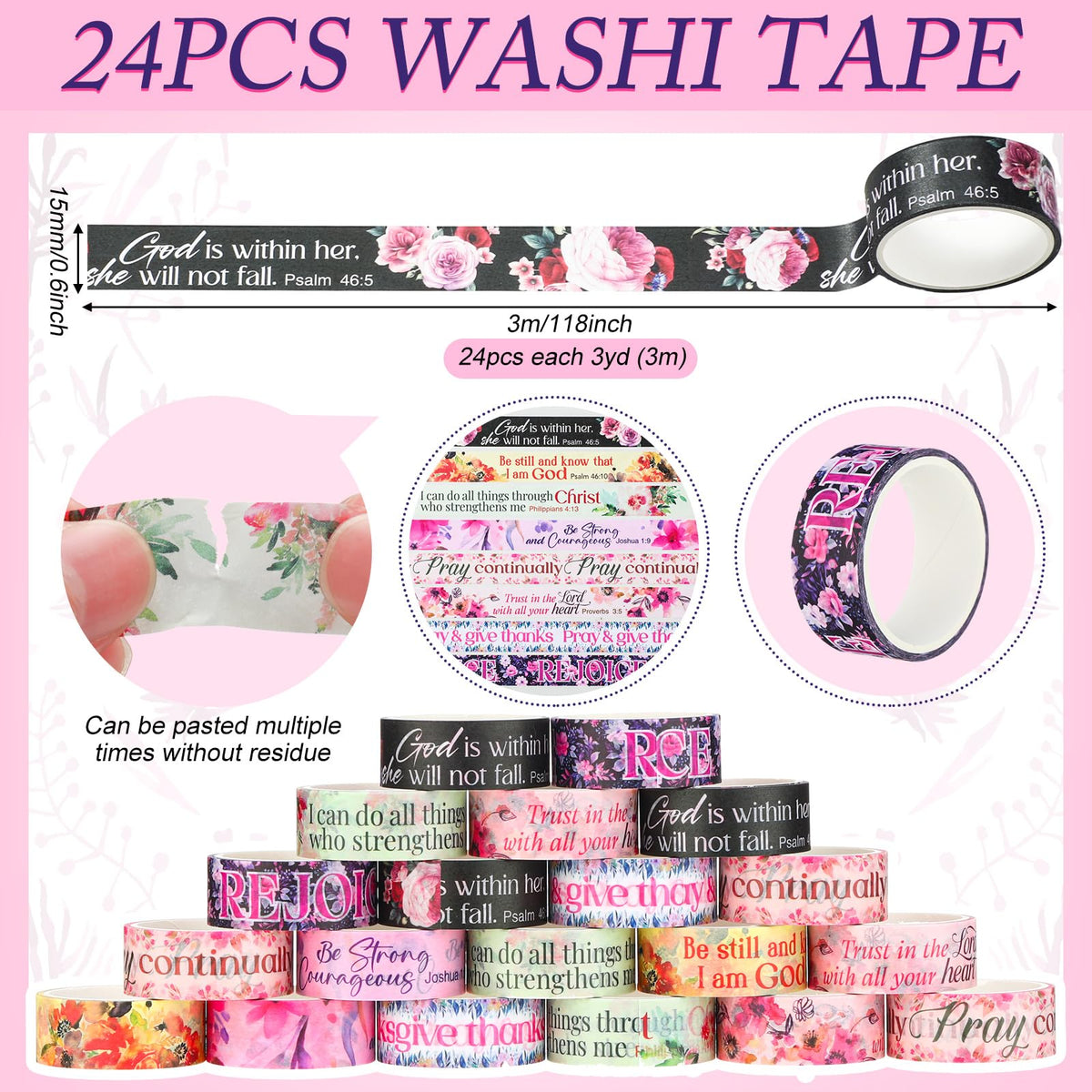 Janlaugh 24 Rolls Christian Washi Tape Gifts, Watercolor Floral Religious