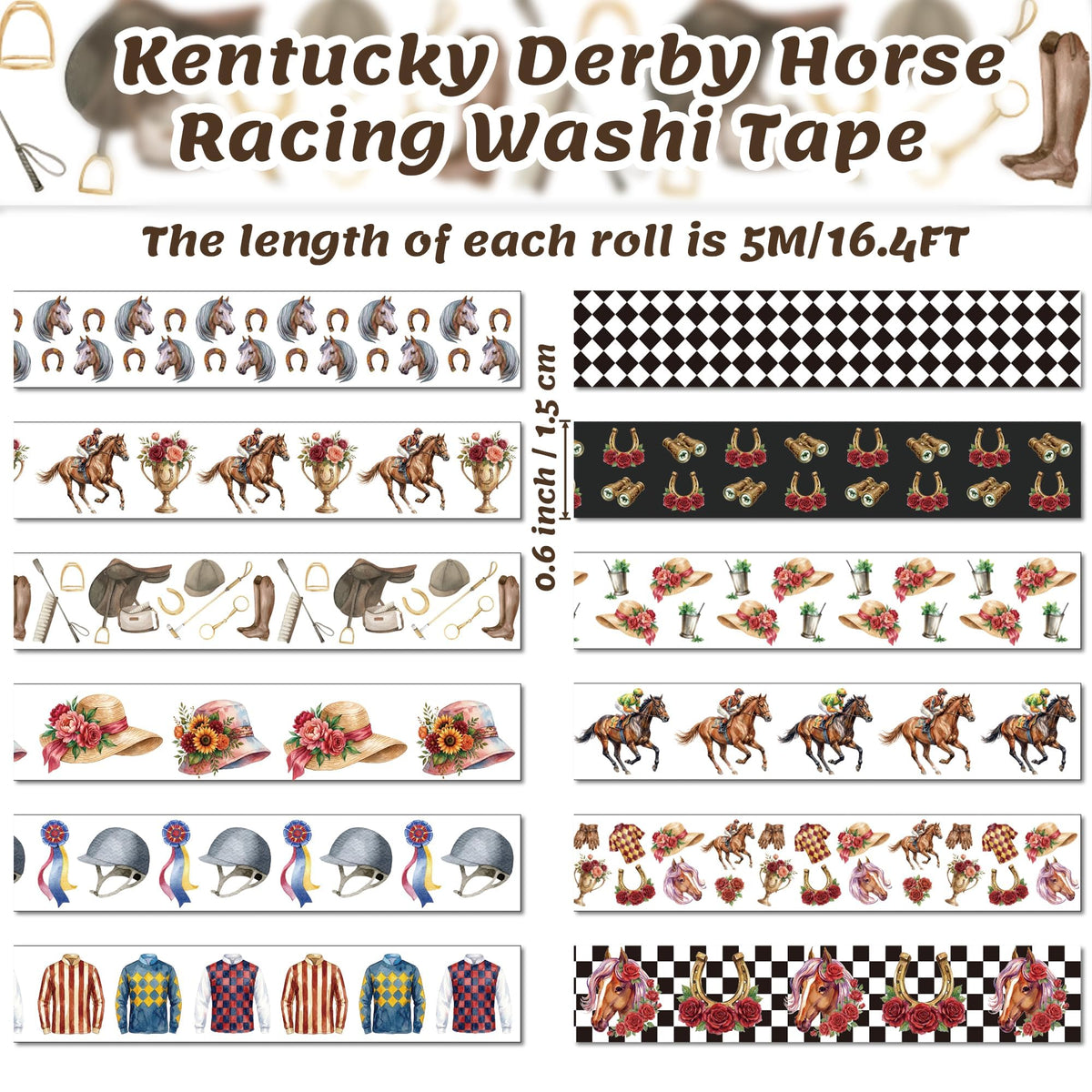BkeeCten Kentucky Derby Washi Tape - 12 Rolls Horse Racing Silhouette Jockey Silk Bridle Scrapbook