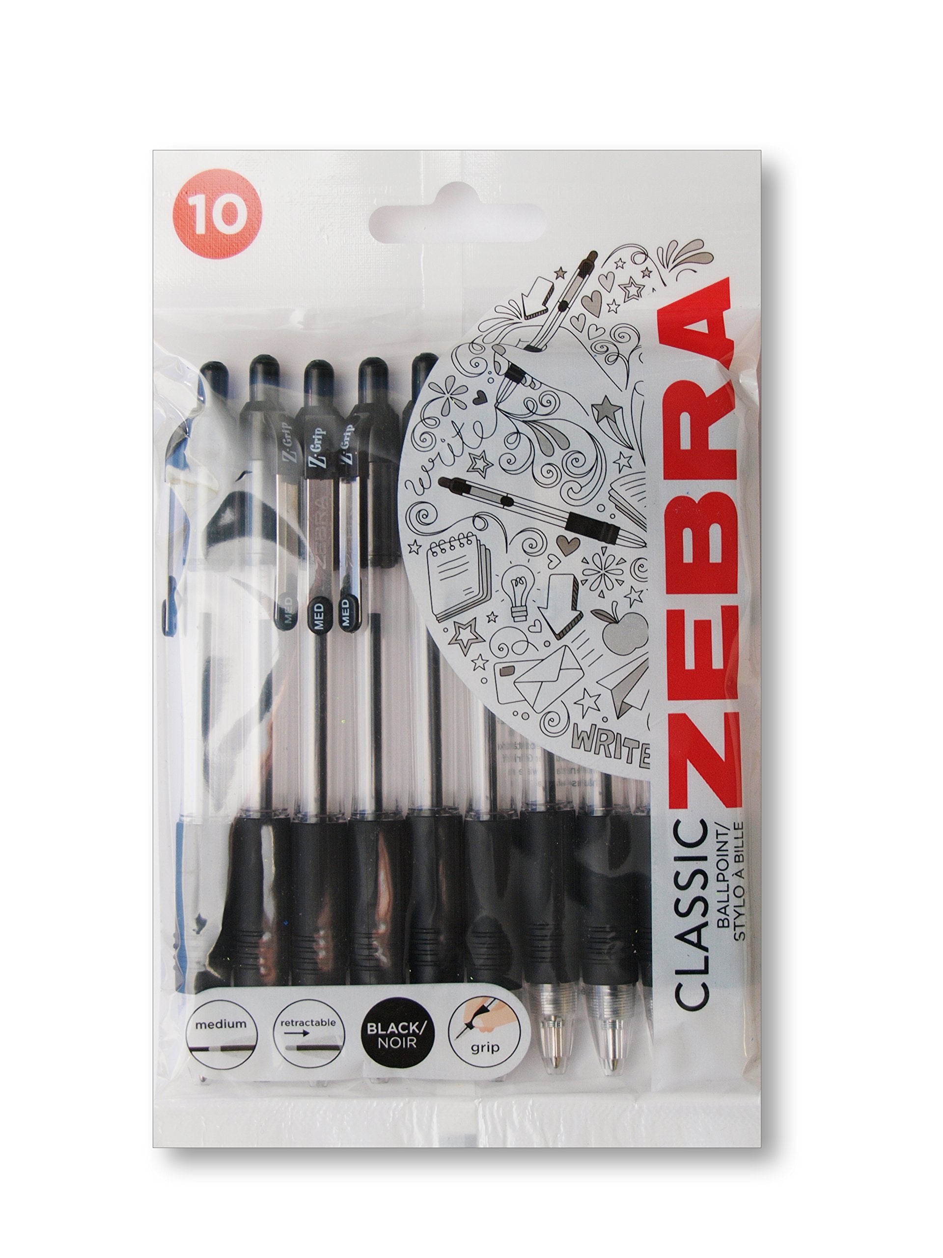 Zebra Grip Black Ballpoint Pens, Pack of 10