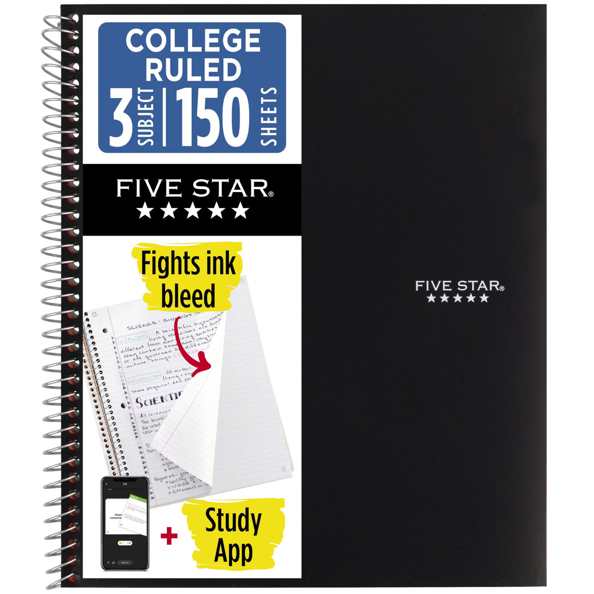 Five Star Spiral Notebook + Study App, 3 Subject, College Ruled Paper, Fights Ink Bleed, Water