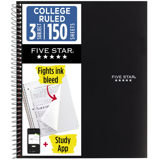 Five Star Spiral Notebook + Study App, 3 Subject, College Ruled Paper, Fights Ink Bleed, Water