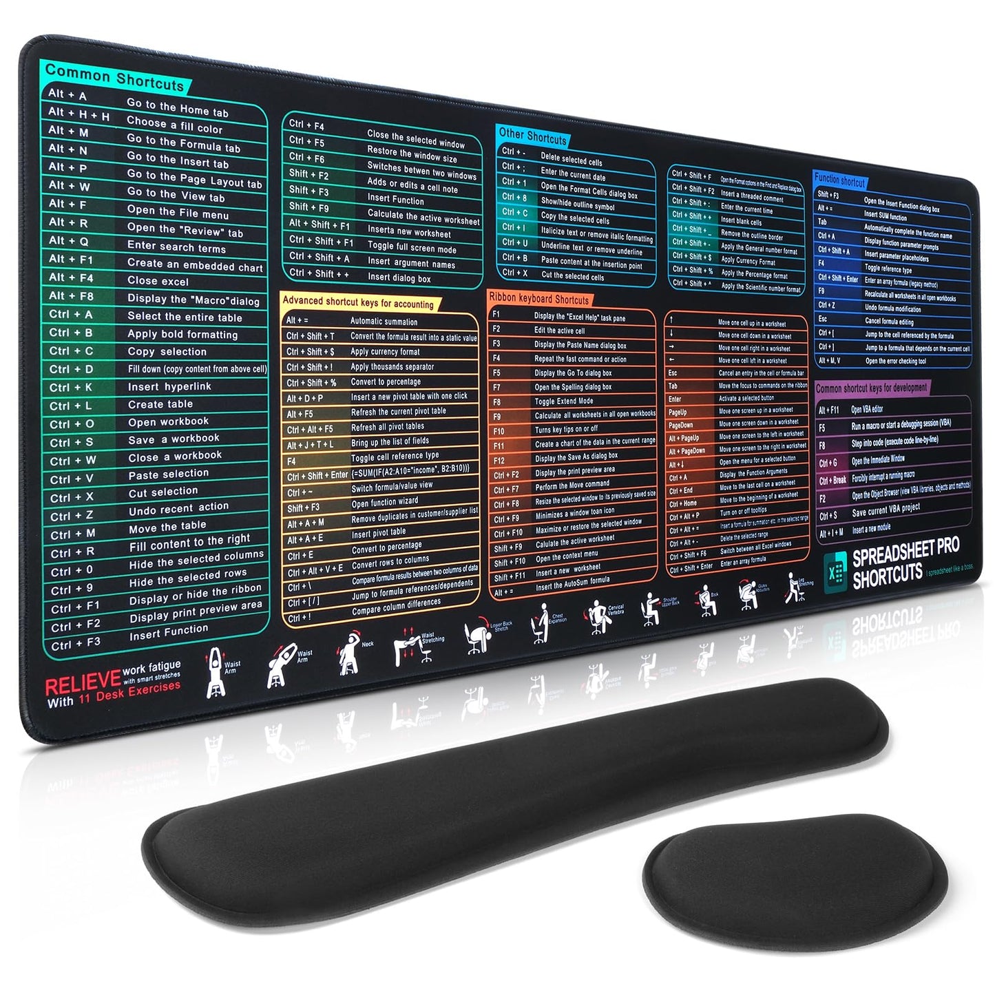 Excel Cheat Sheet Mouse Pad Set | 3-Piece XXL Ergonomic Desk Mat with Wrist Rest for Office &