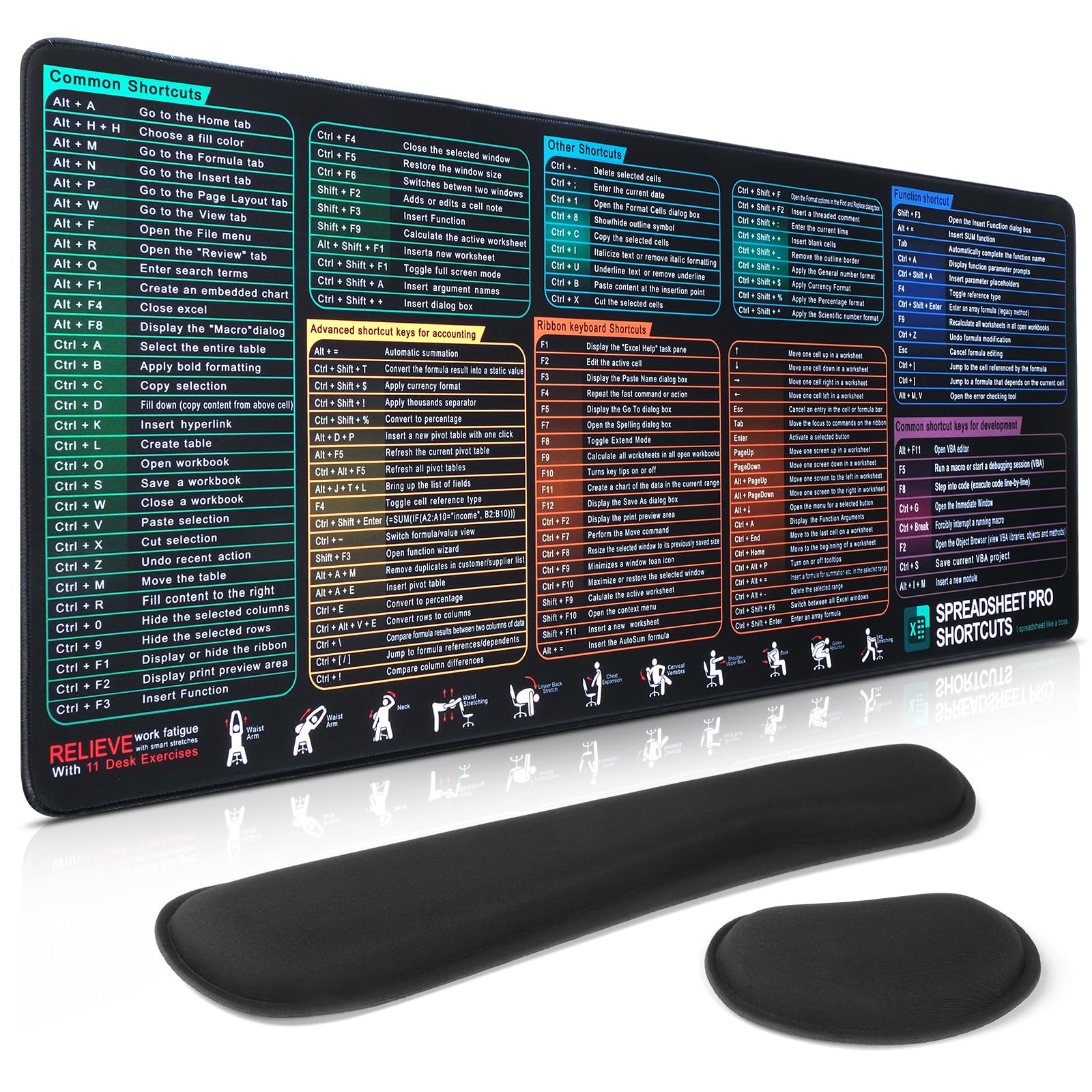 Excel Cheat Sheet Mouse Pad Set | 3-Piece XXL Ergonomic Desk Mat with Wrist Rest for Office &