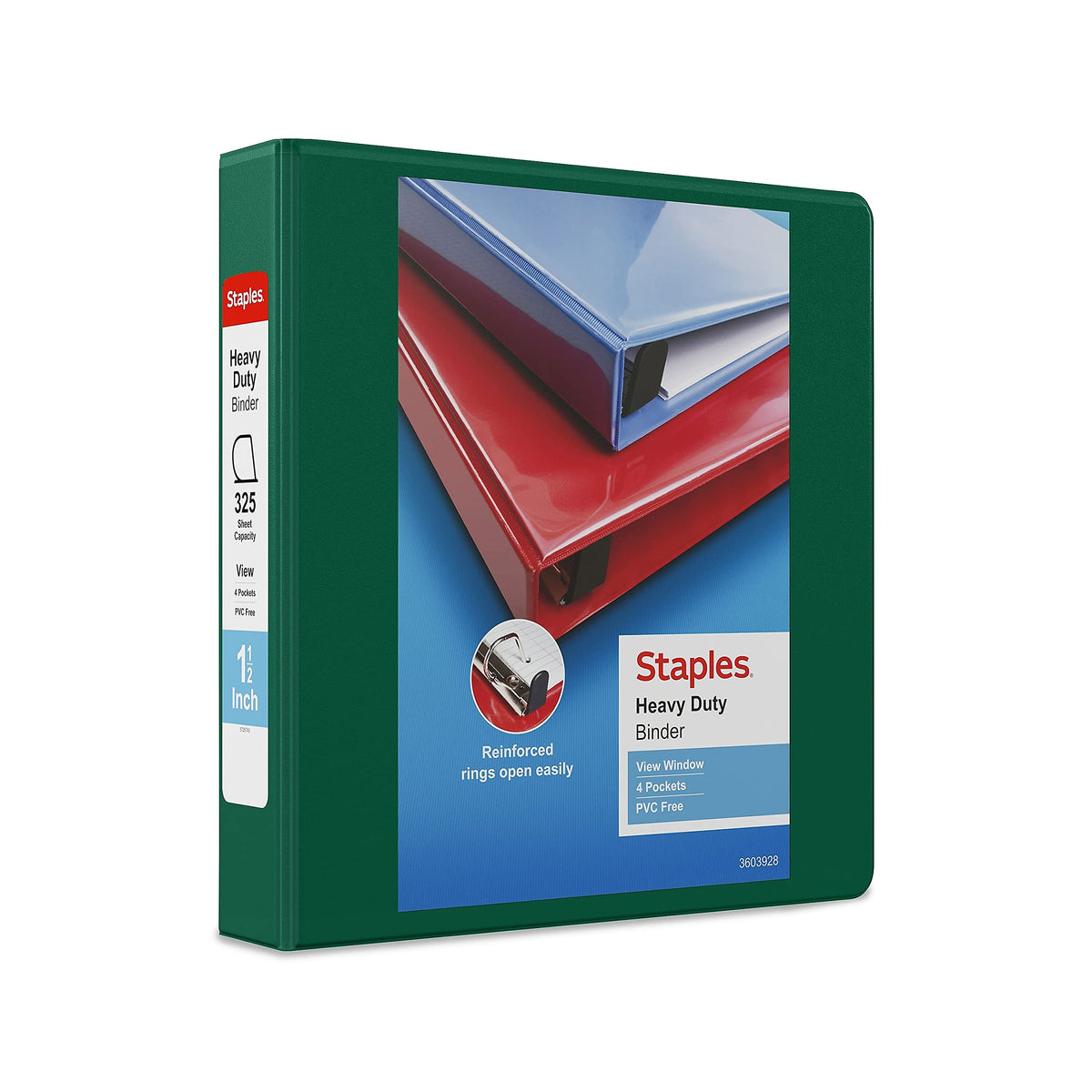 Staples Heavy-Duty 1.5-Inch 3-Ring View Binder, Dark Green, 4 Pockets