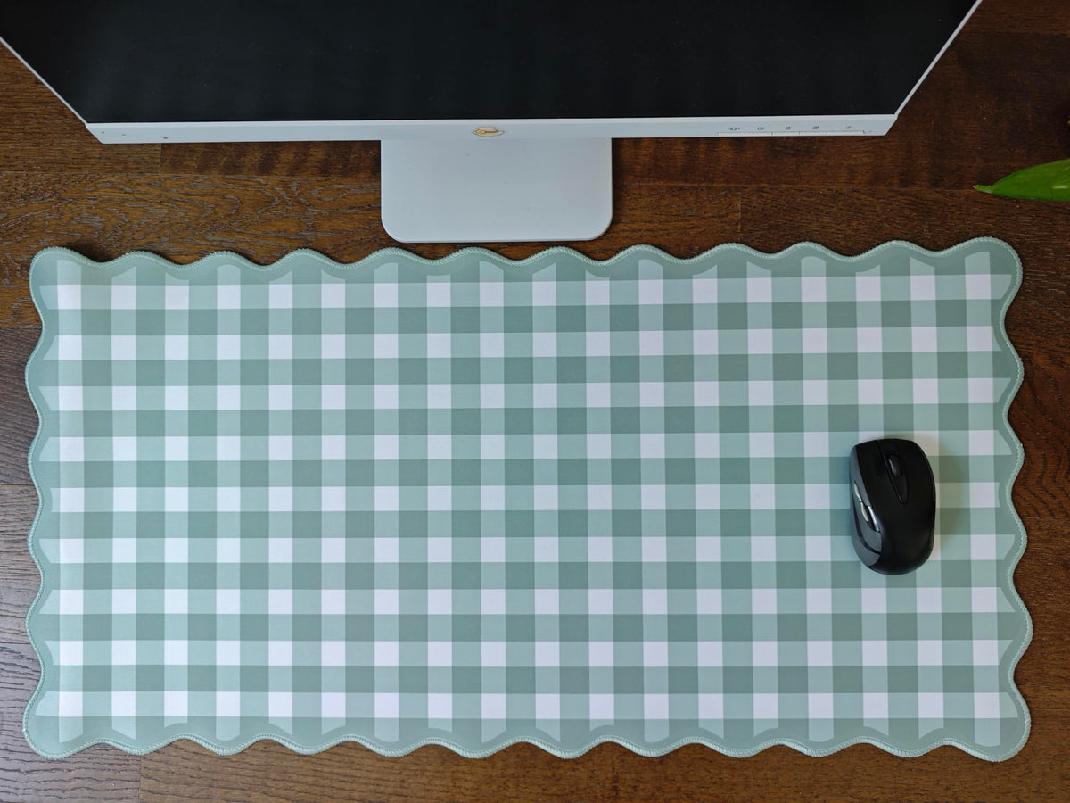 Scalloped‌ Sage Green Checkered Desk Mat Cute Pastel Large Gaming Mouse Pad Gingham Kawaii