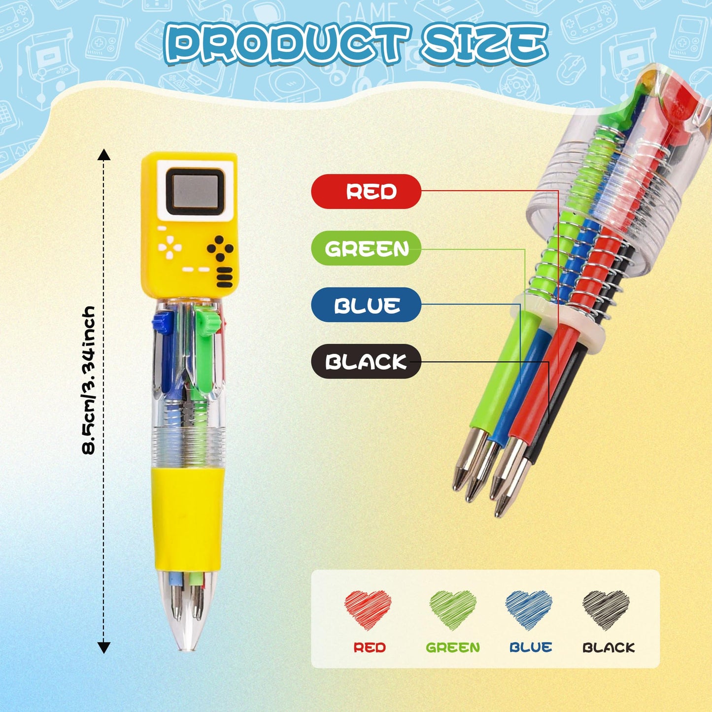 LiYiQ 100 Pcs Video Game Party Favors Multicolor Pen in One Cartoon Cute Fun 4-in-1 Cute Pens Bulk