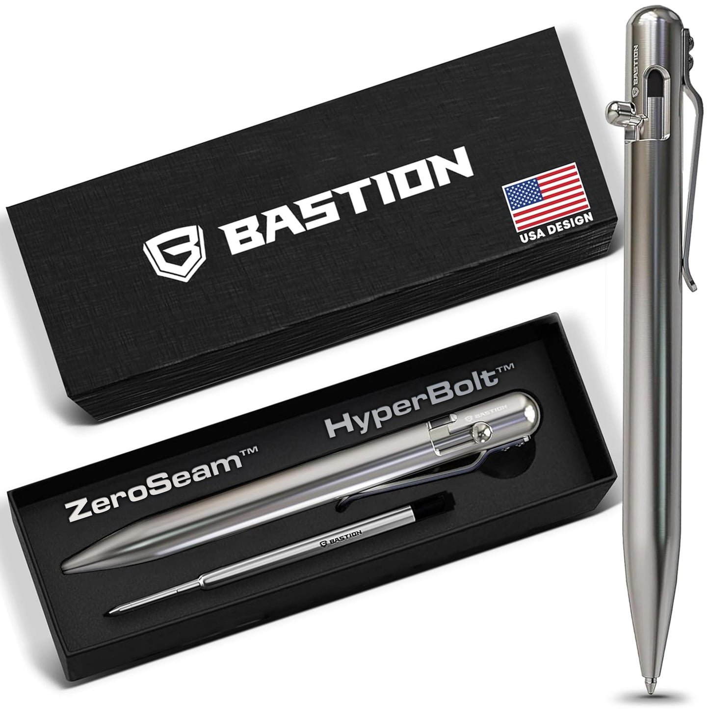 BASTION Bolt Action Pen, Stainless Steel Silver, HyperBolt & ZeroSeam EDC Pen, Refillable Metal