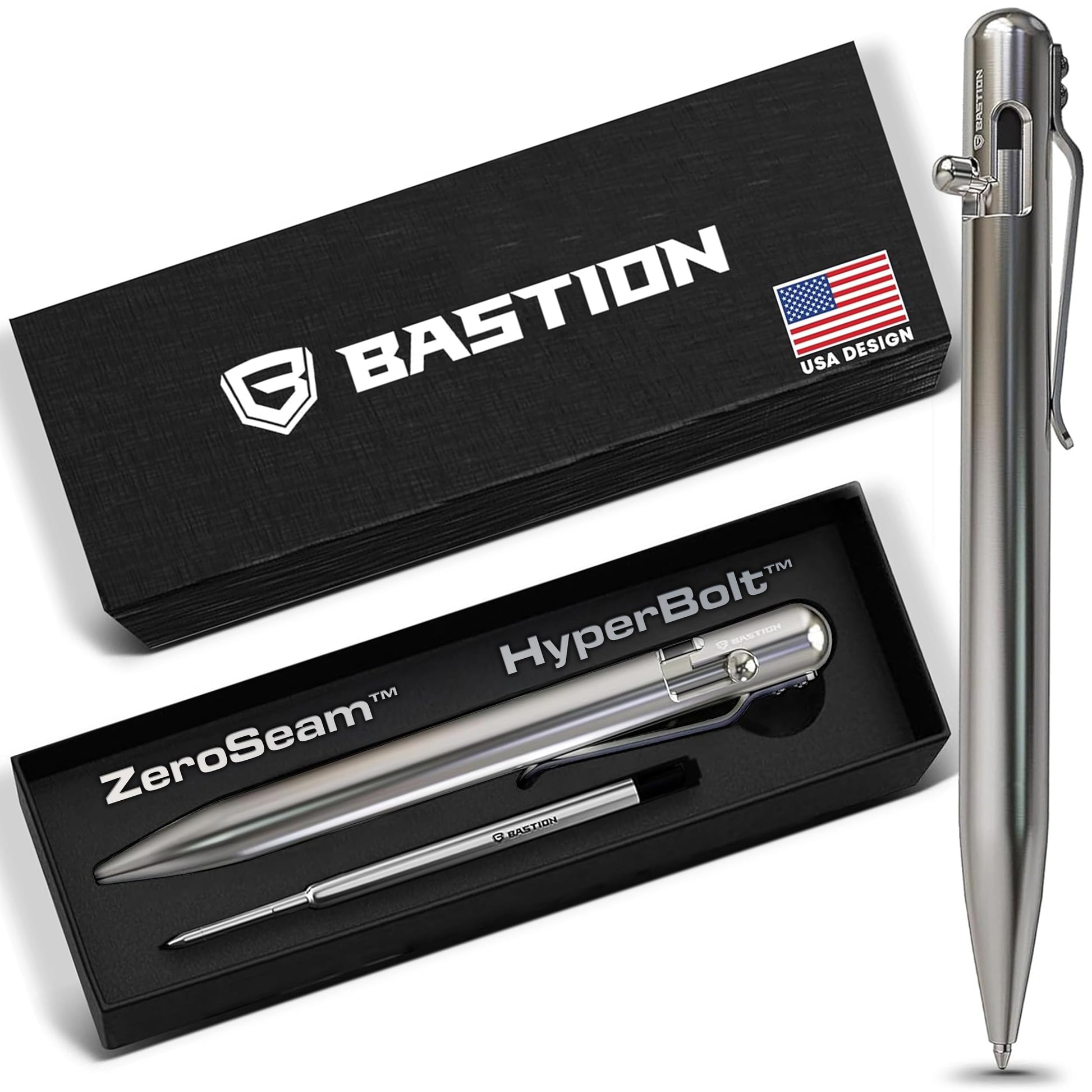 BASTION Bolt Action Pen, Stainless Steel Silver, HyperBolt & ZeroSeam EDC Pen, Refillable Metal