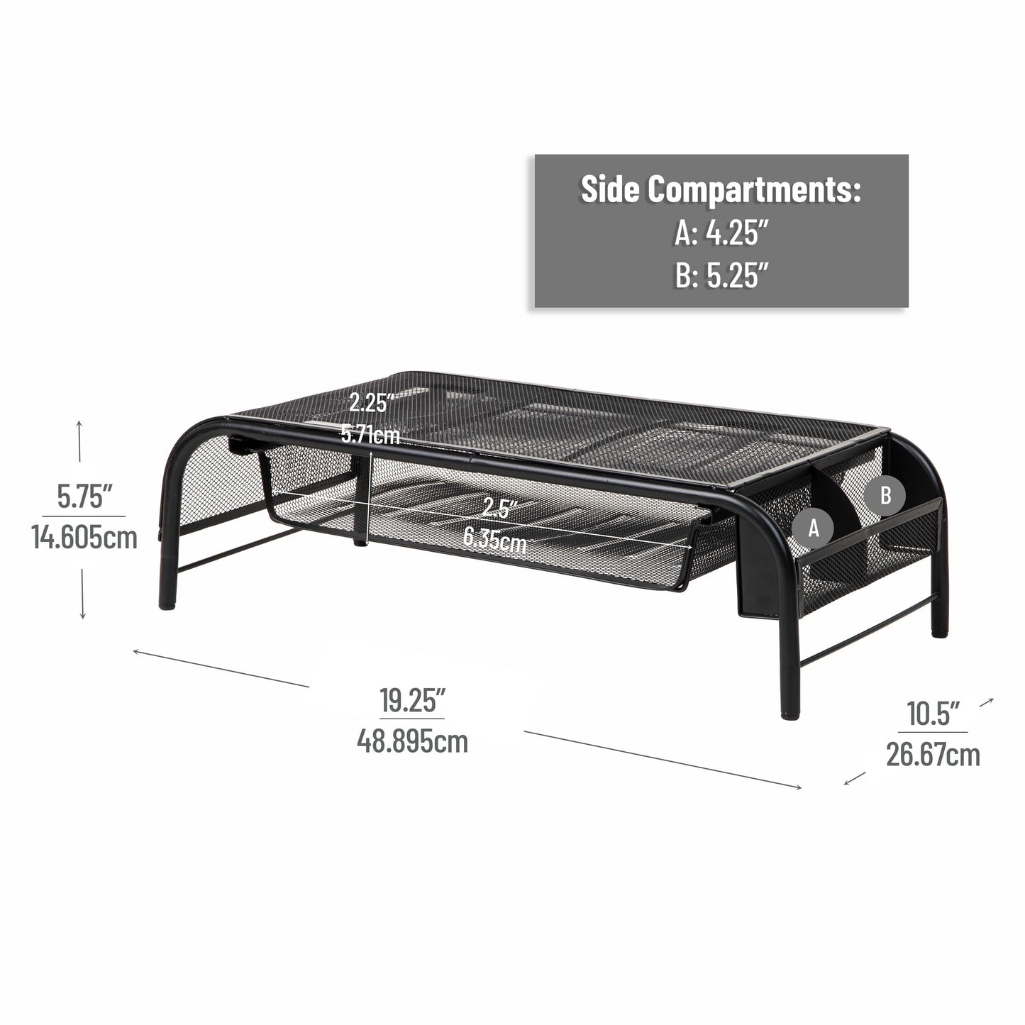 Mind Reader Monitor Stand, Ventilated Laptop Riser, Paper Tray, Storage, Office, Metal Mesh, 20"L x