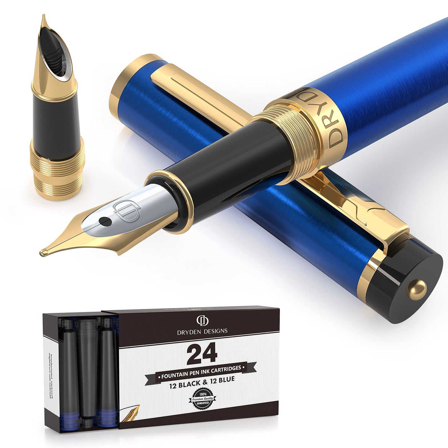 Dryden Designs Fountain Pen - Medium and Fine Nibs | Includes 24 Ink Cartridges and Ink Refill