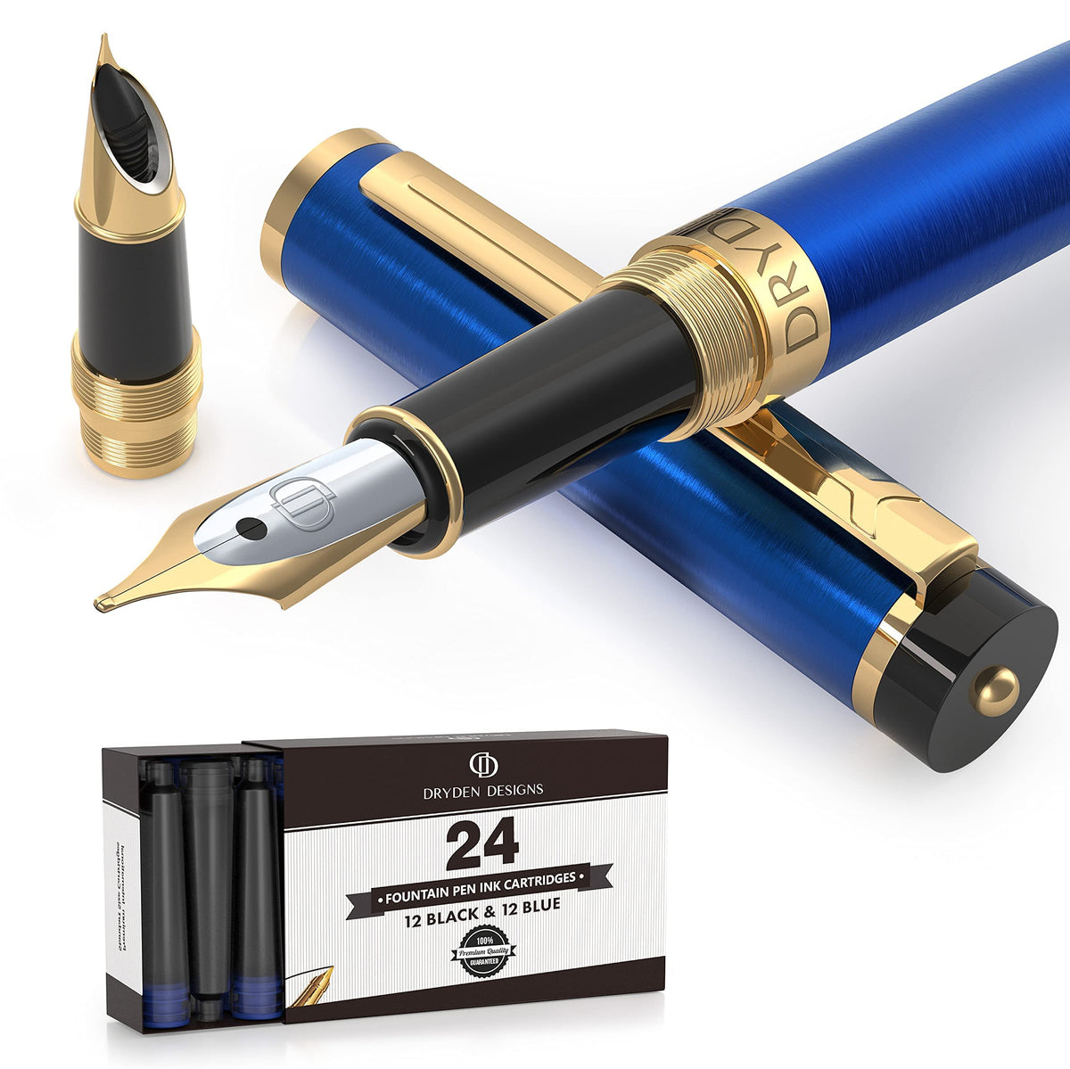 Dryden Designs Fountain Pen - Medium and Fine Nibs | Includes 24 Ink Cartridges and Ink Refill