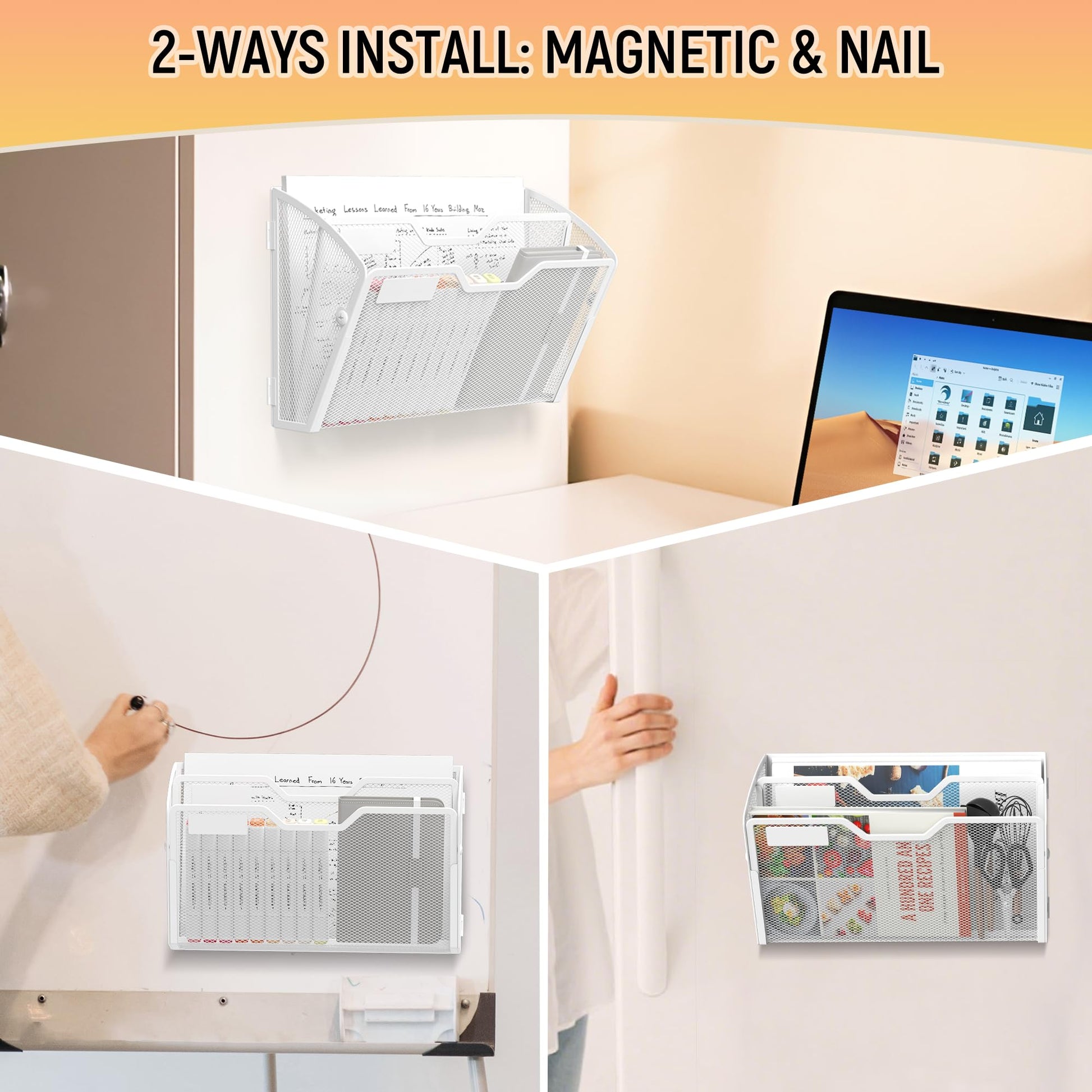 Docnest 3 Pack 2 Tier Dual-Mount Magnetic Mesh File Holders, Wall Organizer