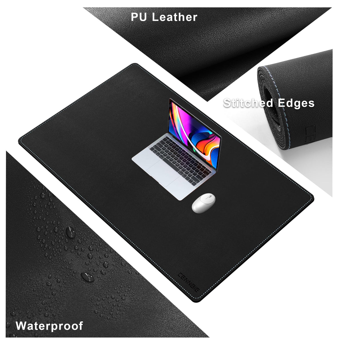 CENNBIE Leather Desk Mat Large, 43.6" x 23.6" Extended Mouse Pad (Black)