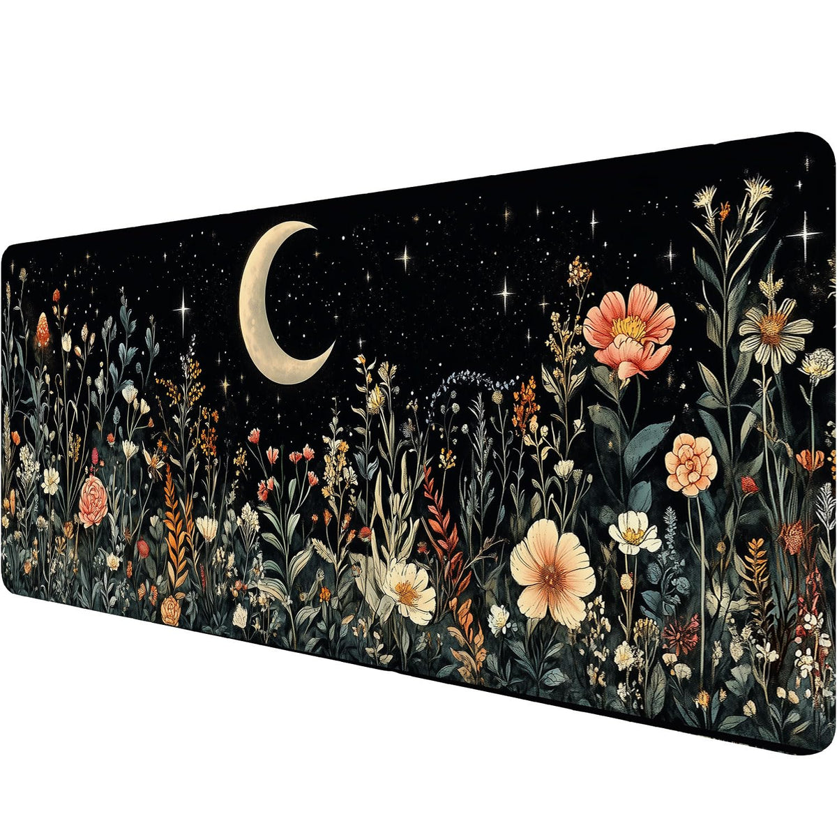 Cute Mystical Plants Desk Pad Whimsical Moon Stars Extended Gaming Mouse Mat with Stitched Edge