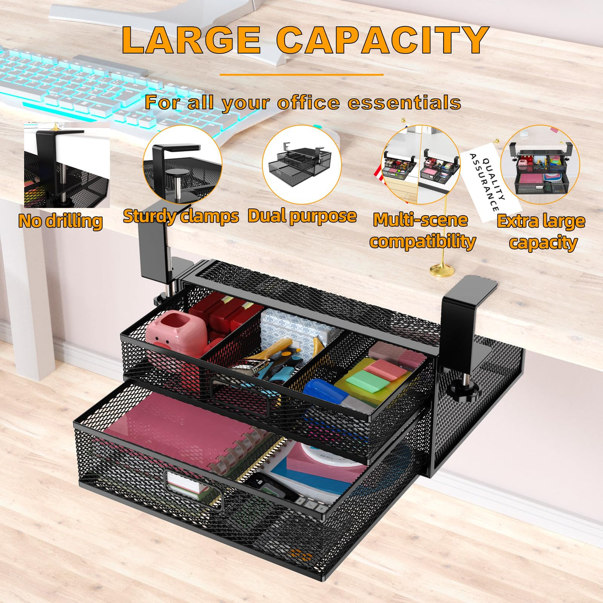 SRJZMLY Under Desk Drawer Organizer No Drill Metal Under Desk Storage Drawer Container 2 Slide Out