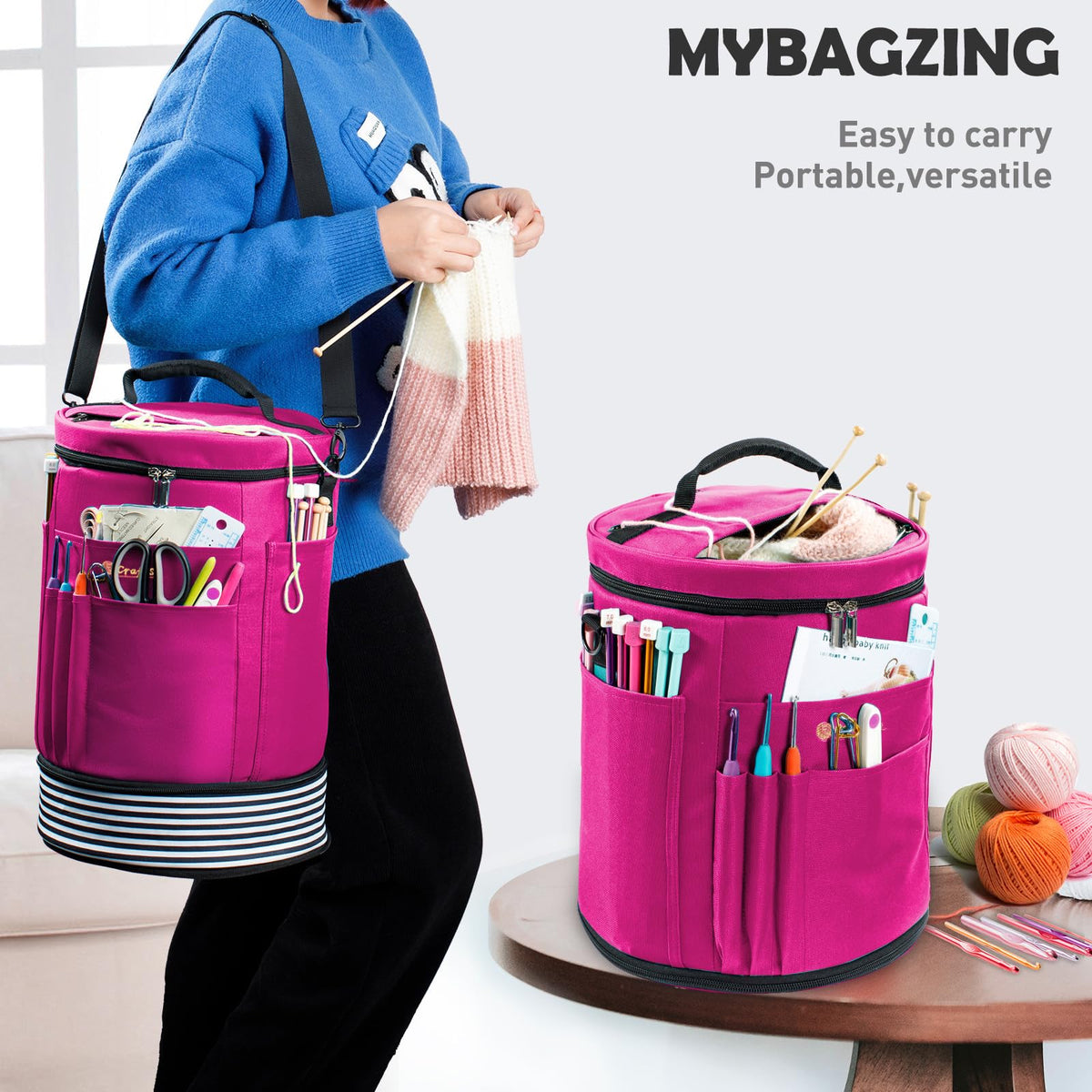 MYBAGZING Expandable Crochet Bag Organizer w/Yarn Grommets& Zipper Closure