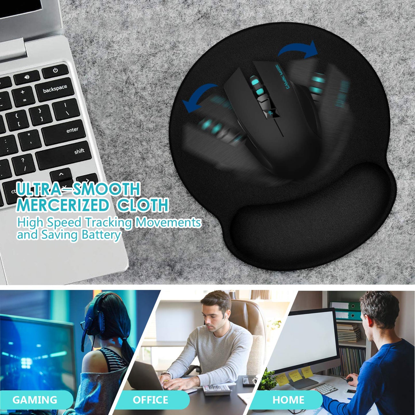 Ergonomic Mouse Pad 3 Pack with Wrist Rest Support, Round Gaming Mousepad with Smooth Surface &
