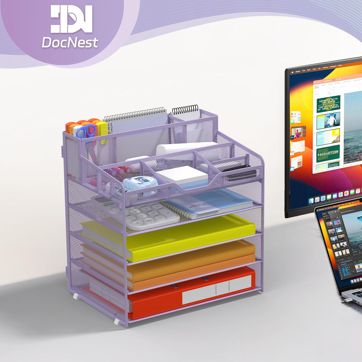 Docnest 5 Tier Mesh Desk Organizer with Letter Tray & Paper Sorter, Purple