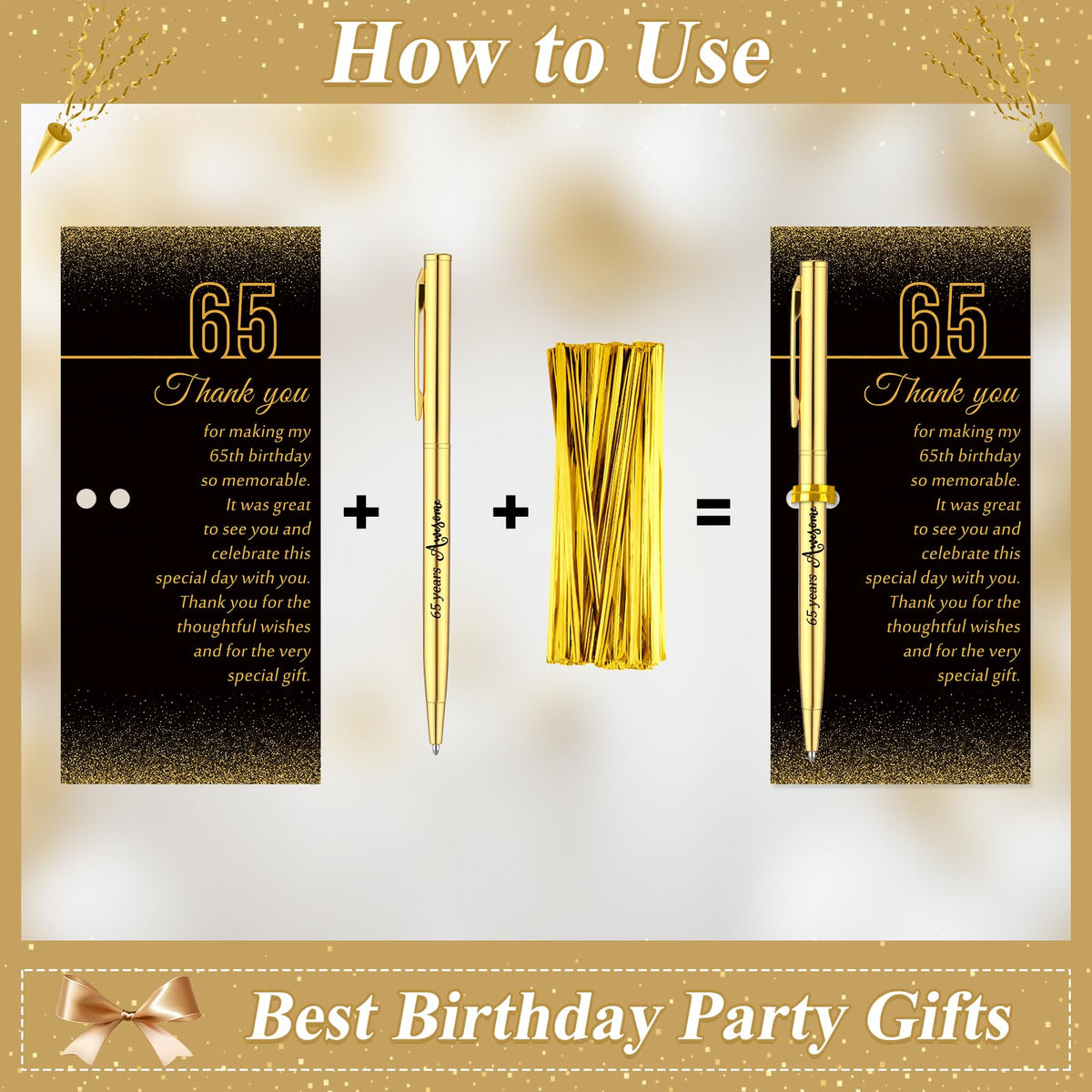 Feifeiya 65th Birthday Party Favors with Black Gold Pens Thank You Cards