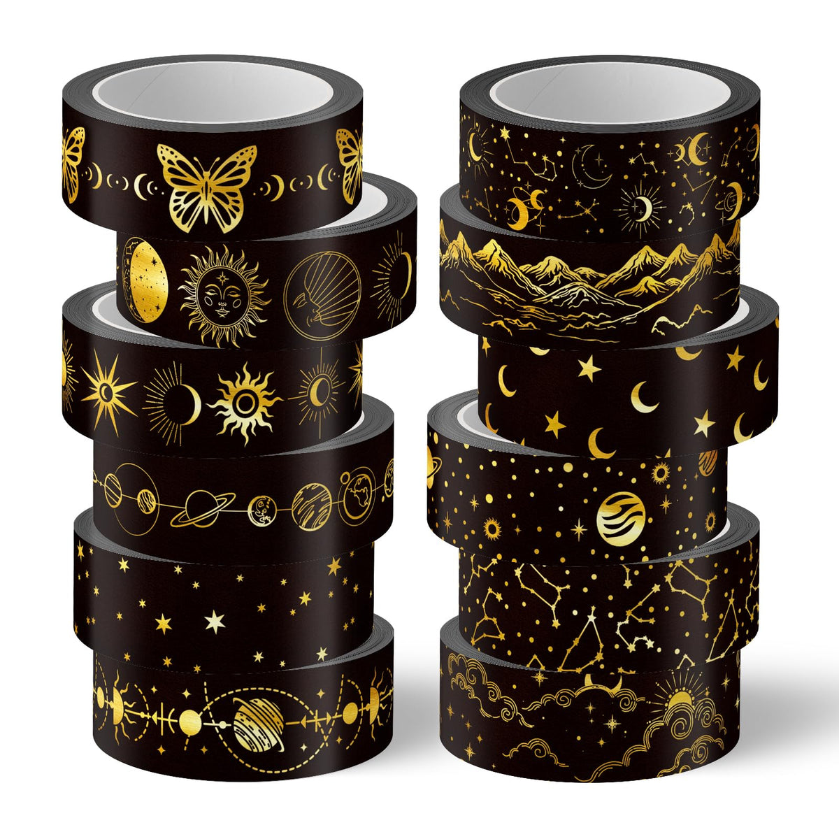 Whaline 12 Rolls Gold Foil Galaxy Washi Tape Black Gold Sun Moon Star Masking Tape Set Decorative