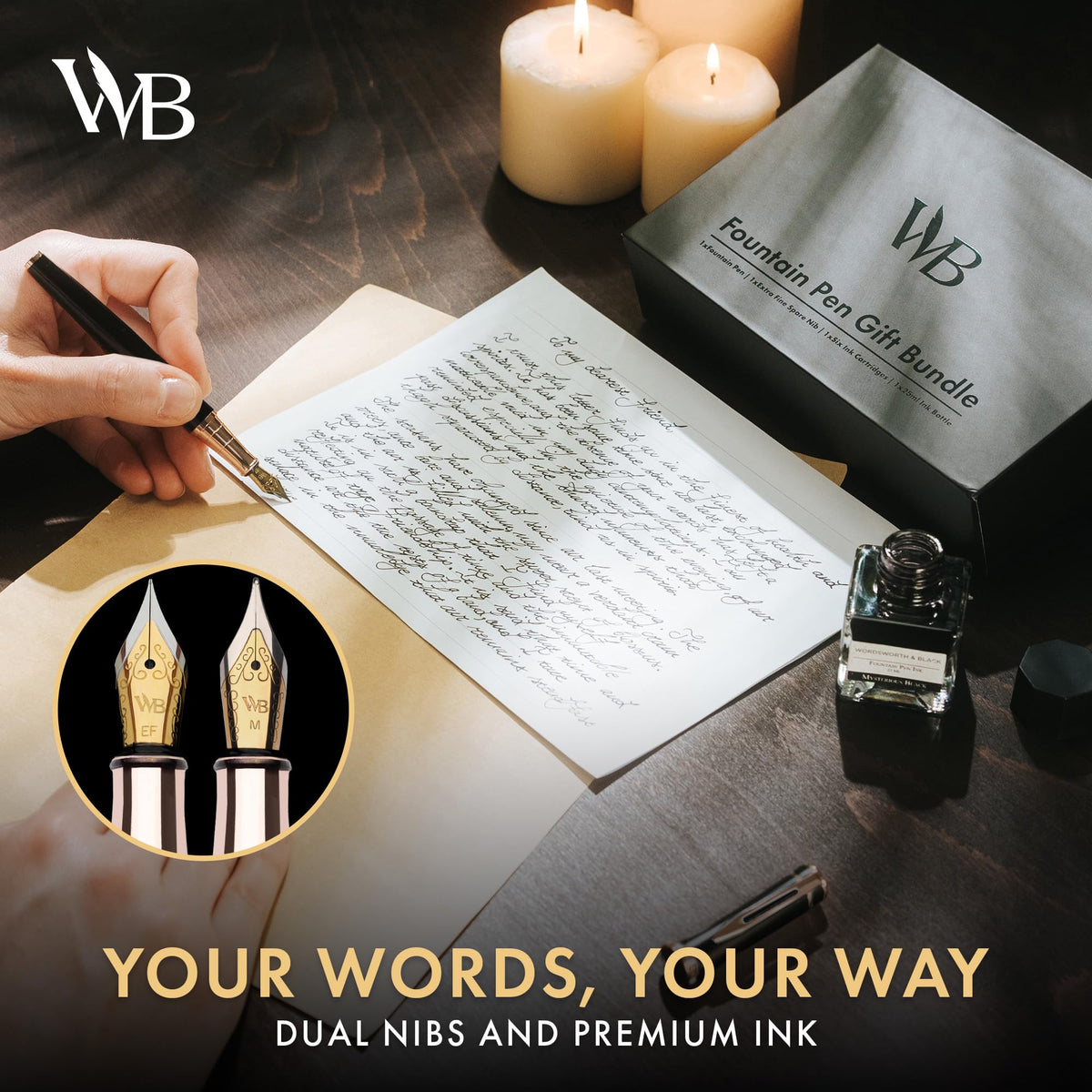 Wordsworth & Black Fountain Pen Gift Set, Medium & Extra Fine Nib, Black Rose