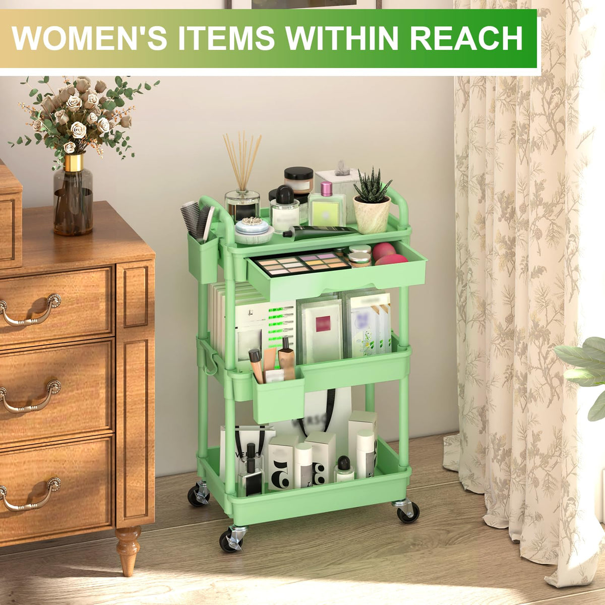 Goovilla 3 Tier Rolling Utility Cart Organizer with Removable Drawer, Green
