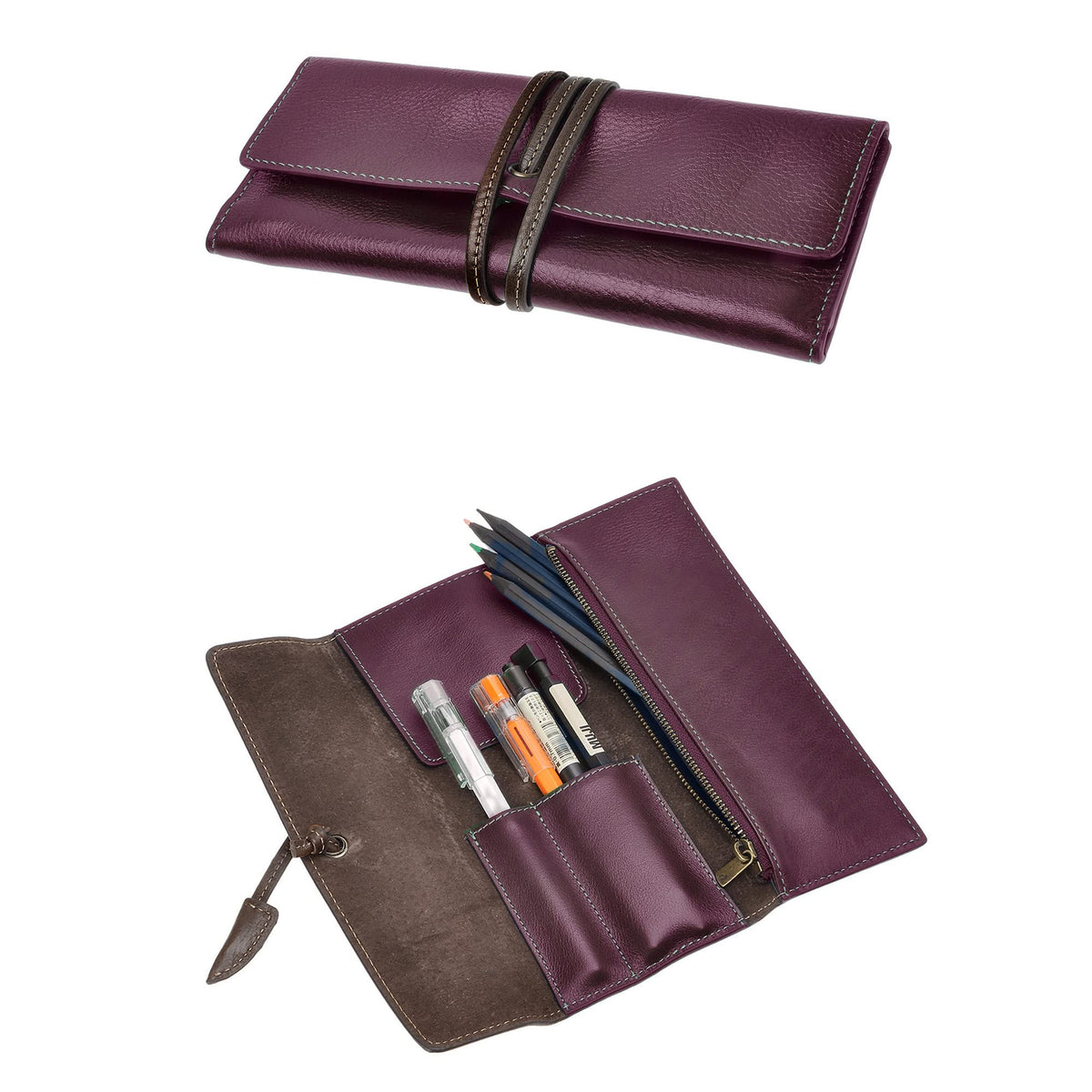 ZLYC Handmade Leather Pencil Case Soft Roll Bag Stationery Gift,Burgundy