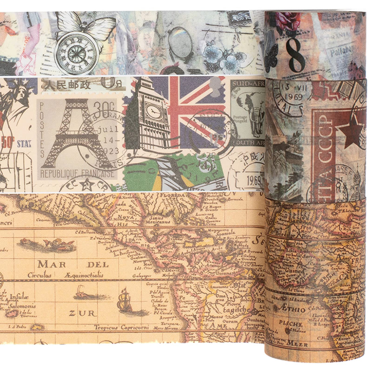 YUBX Vintage Washi Tape Set 10 Rolls Wide Decorative Antique Map Stamp Newspaper Masking Tapes for
