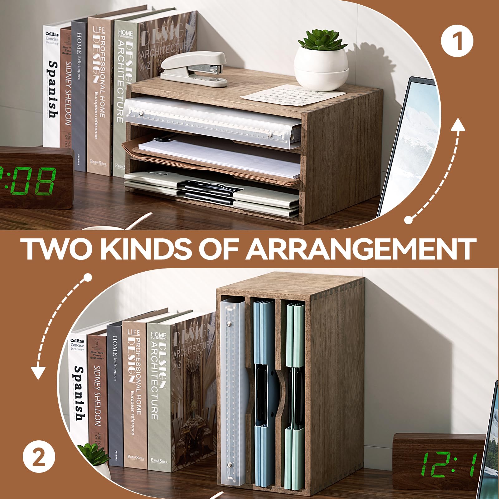 KIRIGEN Wooden Desk Organizer 3-Tier Letter Tray and Paper Sorter, Brown