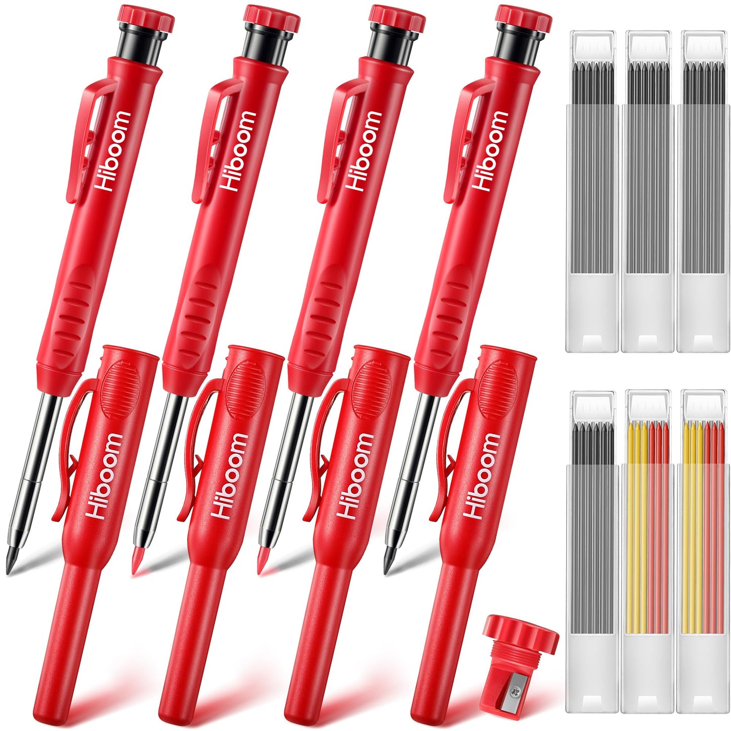 Hiboom 4 Pack Carpenter Pencil with 36 Refills Built In Sharpener (Red)