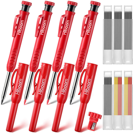 Hiboom 4 Pack Carpenter Pencil with 36 Refills Built In Sharpener (Red)