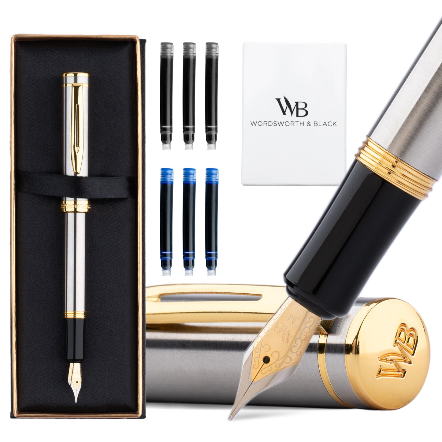 Wordsworth & Black Mini Pocket Fountain Pen for Writing, Medium Nib, Silver