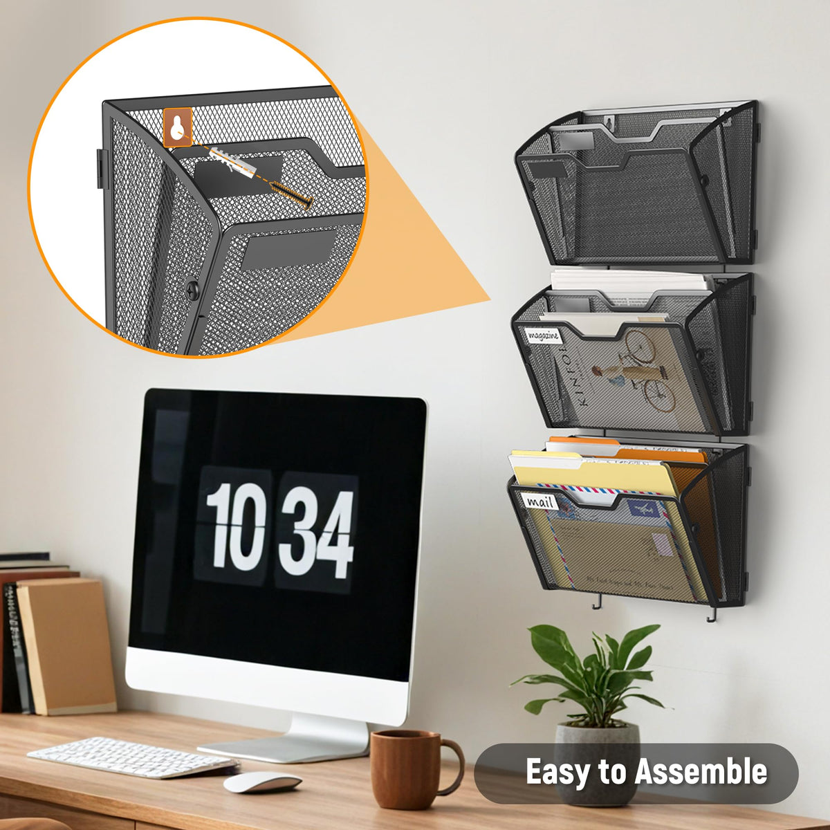 Docnest 3 Pack 2 Tier Mesh Wall File Holders with Hooks for Mail, Black