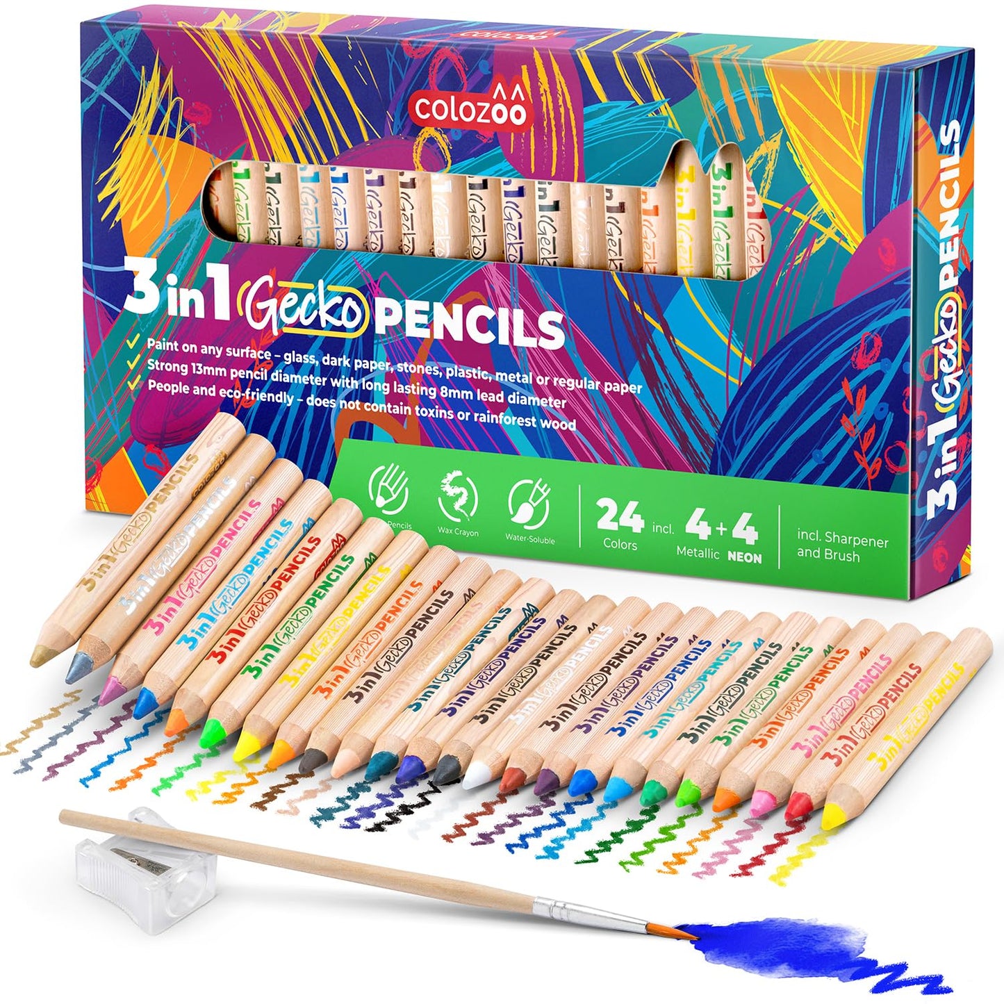 colozoo 3 In 1 Color Pencil Set for Kids -24 Colored Pencil for Toddlers. Fat Coloring Pencils with