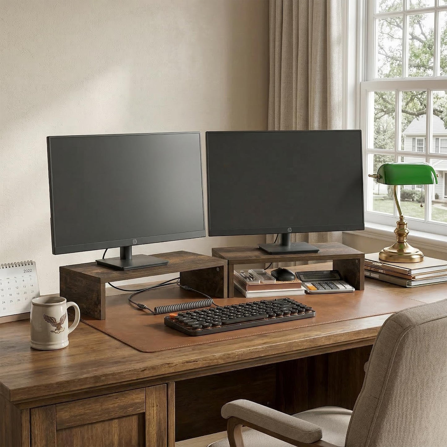 Furinno Classic Monitor Stand Riser Set of 2, Dual Monitor Riser, Amber Oak