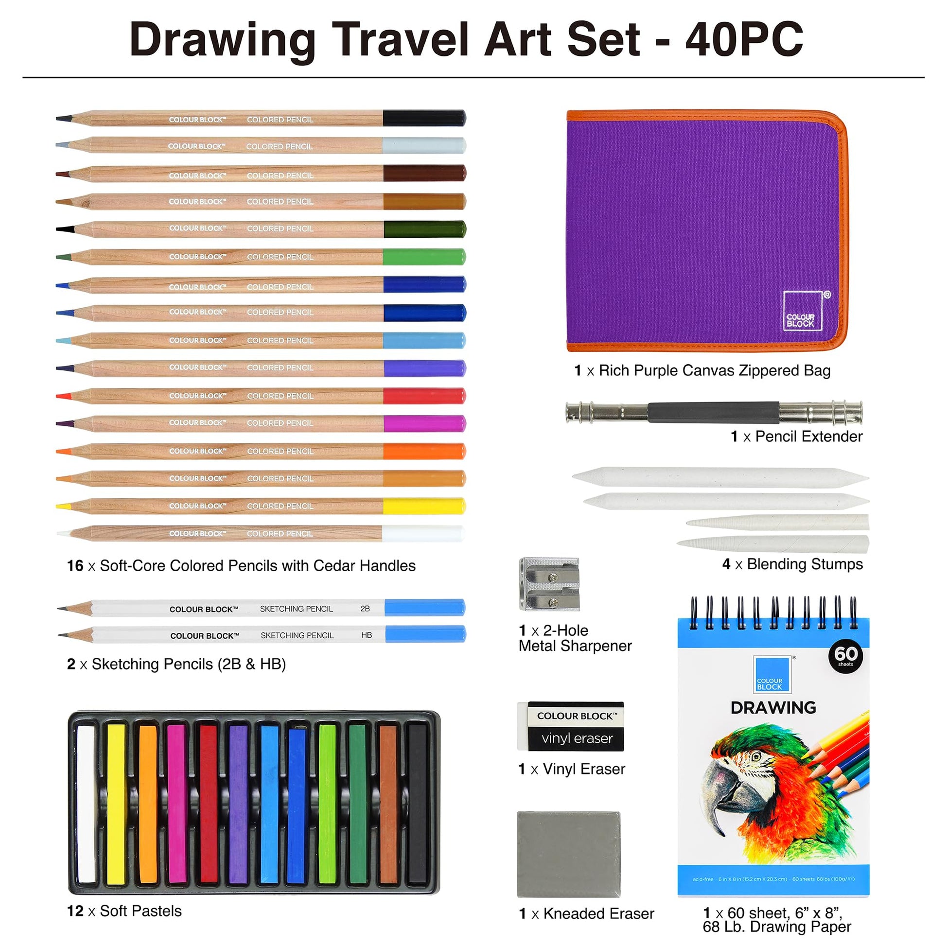 COLOUR BLOCK 40-Piece Drawing Travel Art Set – Portable Sketch and Drawing Art Kit with 16 Colored
