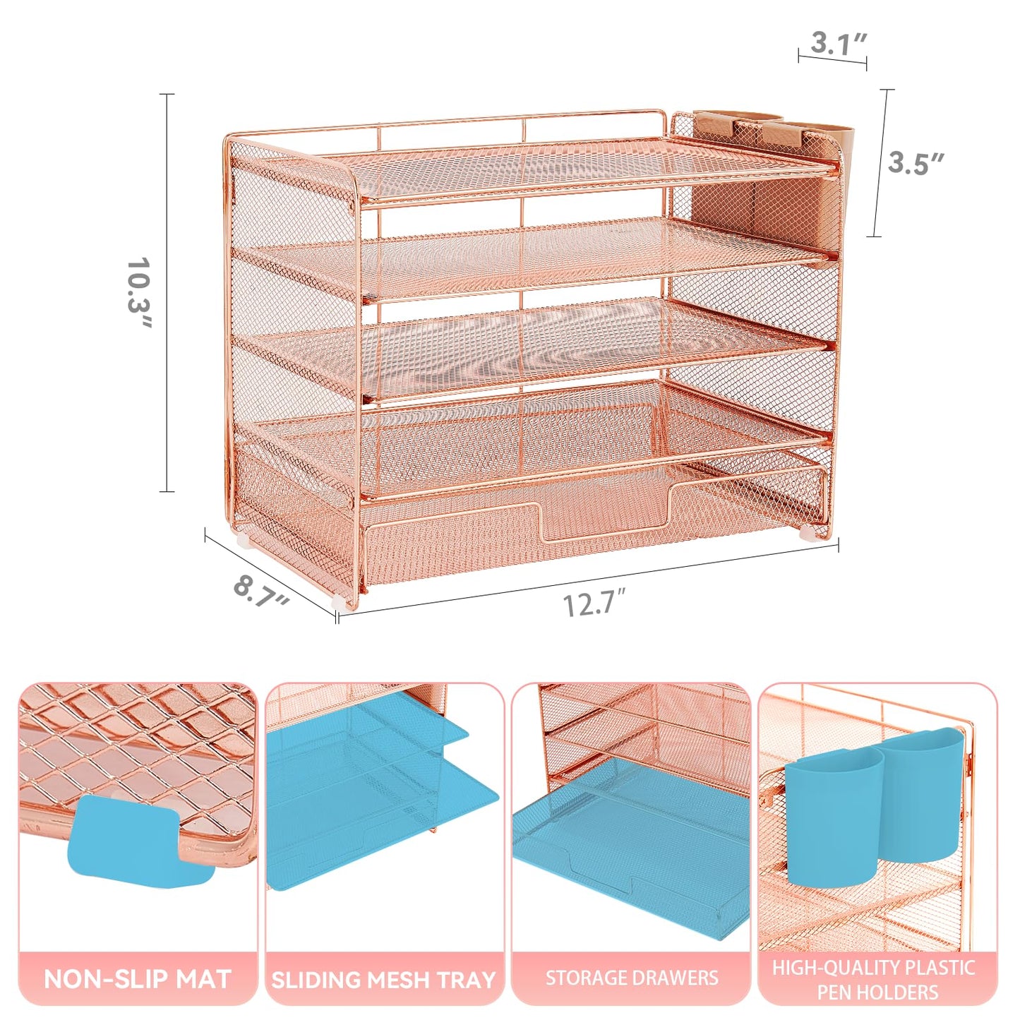 LEKETREE Desk Organizer and Accessories, 5-Tier Paper Letter Tray Organizer with Drawer & 2 Pen